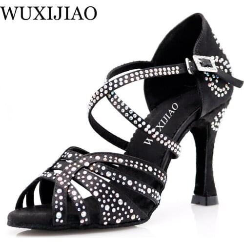 WUXIJIAOLatin dance shoes double strass shining Nude Black satin women Ballroom dancing shoes Cuba heel 9cm