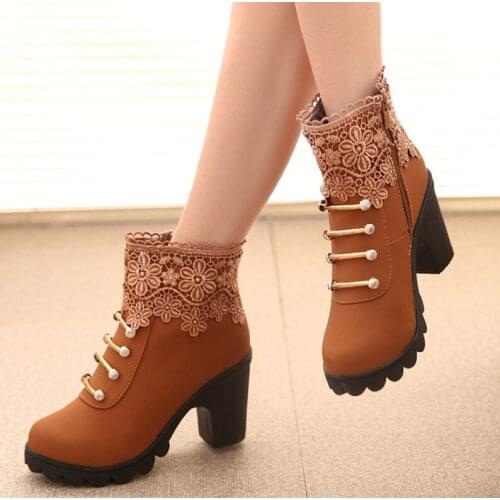 Women Lace Crystal Platform Ankle Boots Autumn Ladies Zip Metal Cotton Square High Heels Female Fashion Shoes