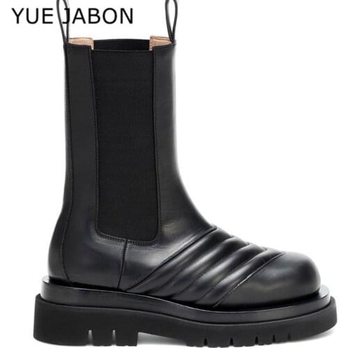 2021 New Women Chelsea Boots Thick Sole Platform Short Booties Slip-on Motorcycle Boots Black Autumn Winter Shoes Botas Mujer
