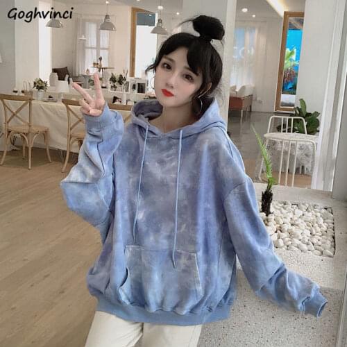 Women with Hat Hoodies Tie Dye Pullover Sweatshirts Oversize Harajuku Streetwear Stylish Casual Loose Hip-hop Front Pocket Chic