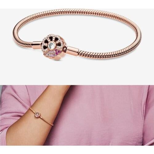 2020 New 925 Sterling Silver Bracelet Rose Gold Pink Fan Button Bracelet Fit European Charm Bracelets Women Jewelry