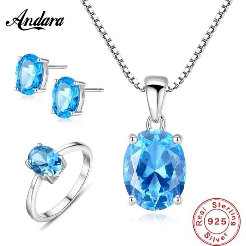 New 100% 925 Sterling Silver Minimalist Sky Blue Crystal Gem Necklace Rings Earrings Jewelry Set Female Woman Fashion Jewelry