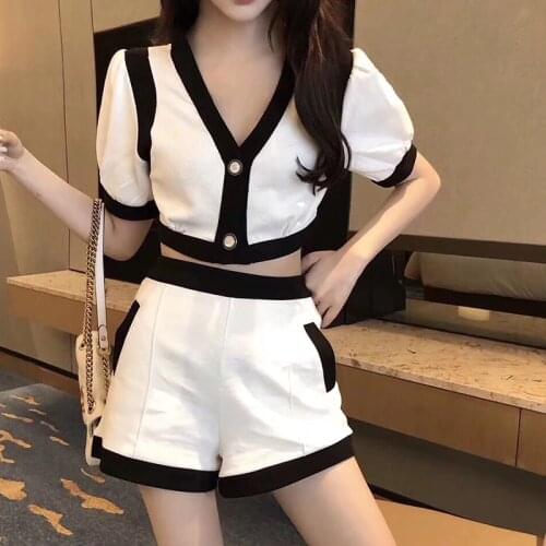 Casual Summer Two Piece Set Women V-Neck Cropped Tops + Elastic Waist Shorts Set Elegant Vintage Sexy White Outfits Korean Z599