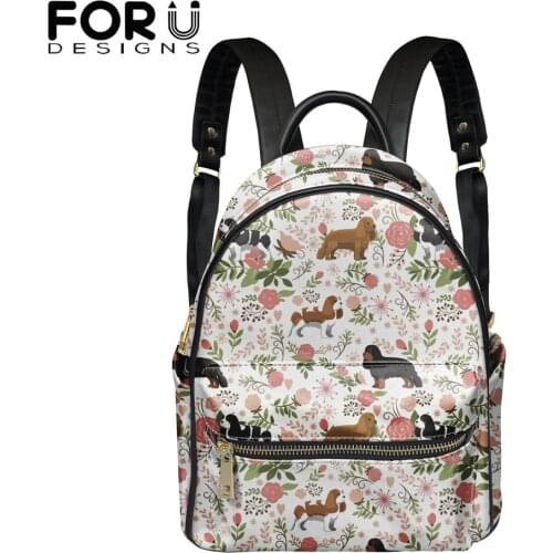 FORUDESIGNS Floral Cavalier King Charles Spaniel Printing Fashion Ladies Pu Leather Backpacks Womens High Quality Mochilas Bags