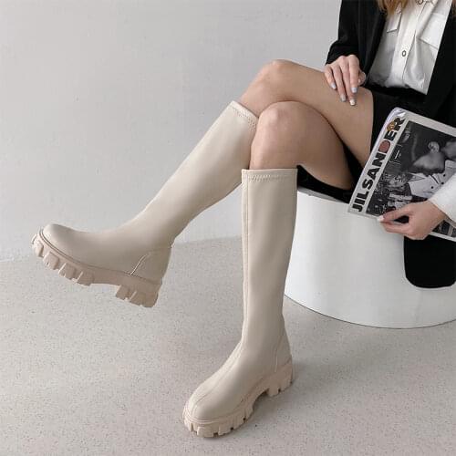 2021 Women Autumn Platform Knee High Boots Ladies New Original Leather Boots Female Fashion Slip On Mid Heels Pumps Casual Shoes