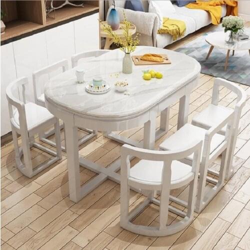 1.3m Modern simple type white color dining table and chair combination with 6 chairs and solid wood table top