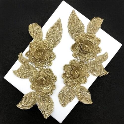1Pairs Gold Flash Powder 3D Flower Lace Collar DIY Fabric Neckline Embroidery Craft Material Clothing Dress Sewing Accessories
