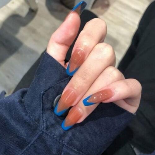 24Pcs/Set Reusable Line Fake Nail Coffin Shape Mini Hypotenuse Fake Nails Coffin Blue French Tips for Manicure Line Fake Nail