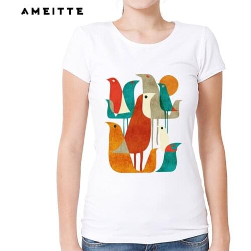 AMEITTE Summer Tops Women Cute Birds Print T Shirts Base O-Neck Short Sleeve Female Tshirt All-match White Tee Shirt Femme