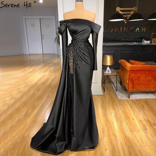 Serene Hill Black Mermaid Detachable Long sleeves Evening Dress 2021 Satin Beading Sexy High-End Formal Party Wear Gown CHM67153
