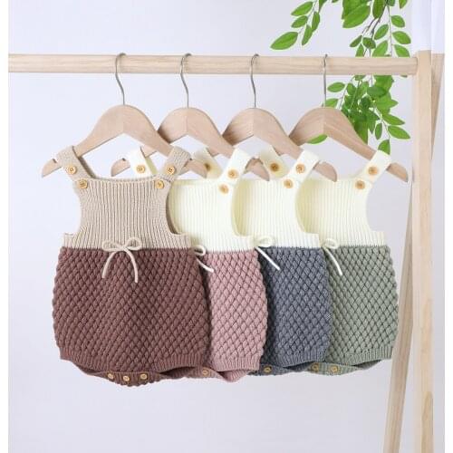 Infant Knitted Romper Set Baby Boys Girls Autumn Simple Style Color Matching Sleeveless Suspender Jumpsuit + Solid Color Hat Kit