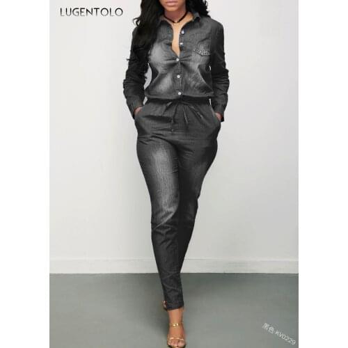 Women Spring Jumpsuit Overalls Long Sleeve Single-breasted Drawstring Denim Female Casual Street Long Jumpsuits Lugentolo