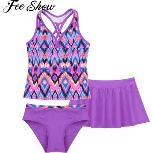 3Pcs Kids Girls Swimsuit V Neck Sleeveless Spaghetti Straps Top with Briefs and Skirt Set Beach Bikini Swimwear Bathing Suits