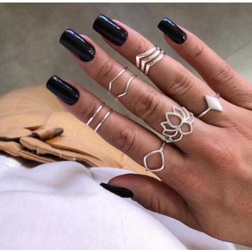 8 Pcs/ Set Simple Hollow Lotus Geometric Joint Rings for Women Charm Party Ring Set Combination Jewelry