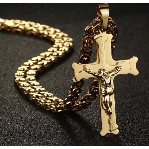 Stainless Steel Christs Crucifix Jesus Cross Pendants Necklaces Gold Silver Color Long Byzantine Link Chains Men Jewelry NC014