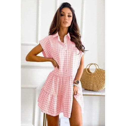 New Summer Women Dress Loose Short Sleeve Shirt Neck Casual Plaid Dresses Fashion Office Lady Mini Beach Elegant Party Vestidos