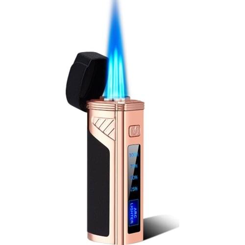 Creative Metal Gas Three Torch Lighter Unusual Butane Cigarette Cigar Lighter LED Display Smoking Accessories Gadgets For Men