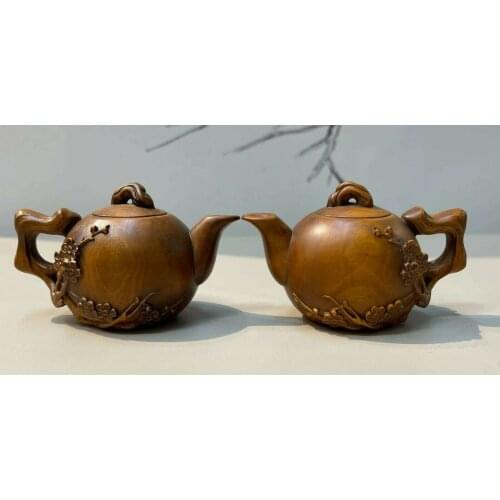 Q4441 - 8 x 5 x 5 CM Pair of Tea Pot Stunning Boxwood Figurine Carving Living Room Sculpture Home Decor