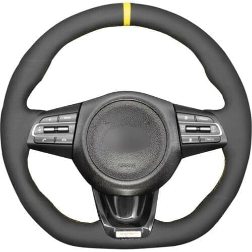 Hand-stitched Black Suede Yellow Marker Car Steering Wheel Cover for Kia Stinger 2017 2018 2019 2020