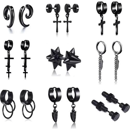 New Styles 1 pair Punk Black Stainless/Titanium Steel Stud Earrings For Men and Women Gothic Street Pop Hip Hop Ear Jewelry