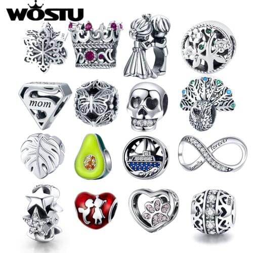 WOSTU 100% 925 Sterling Silver Original Charm Beads For Women Heart Pink CZ Stone Lady Valentine Openwork Beads Fit Bracelet