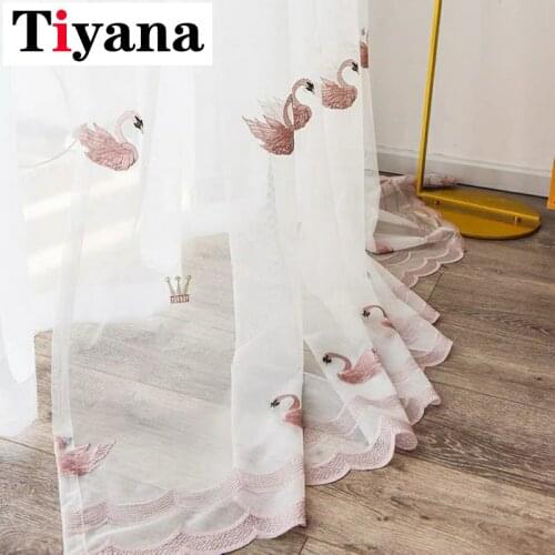 Cartoon Pink Swan Curtain for Girls Kids Room White Mesh Fabric Tulle for Window Bedroom Sheer Fabrics Wedding Cortinas M62X