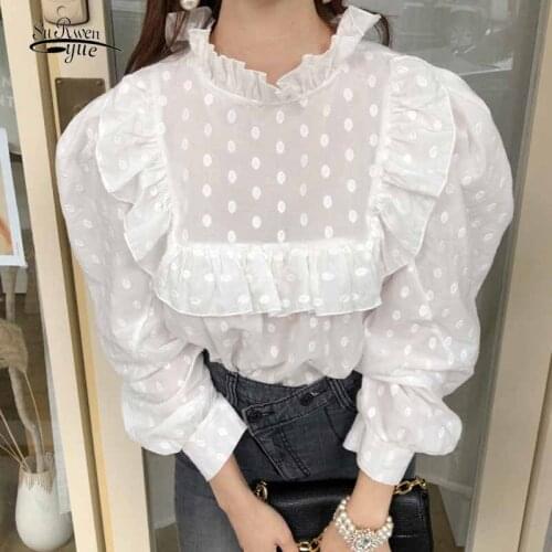 Sweet Ruffle Stitching Autumn Tops Stand-up Collar Puff Sleeve White Blouse Women Polka Dot Embroidery Shirt Blusas Mujer 12720