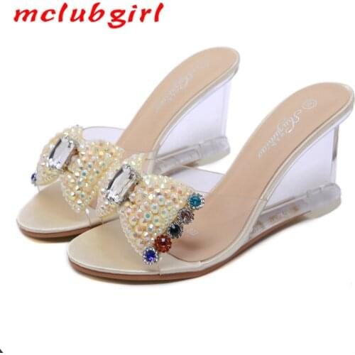 Mclubgirl Women Sandals Womens Summer Sexy Crystal Transparent High Heels Water Drill Slope Shoes Crystal Bow Sandals LFD