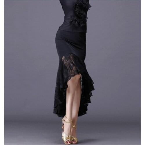 2020 New Sexy Latin Dance Skirts Women Black Lace Skirt Irregular Fish Tail Skirt Long Ballroom Dance Dress Black Practice Skirt