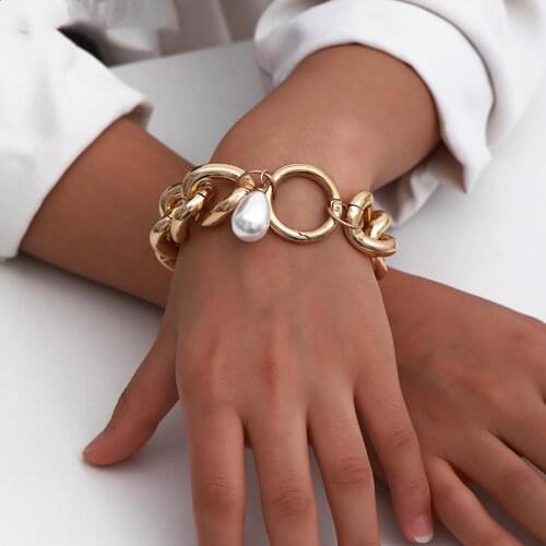 Goth Big Imitation Pearl Pendant Bracelet Bangle for Women Men Hip Hop Heavy Metal Lock Chain Bracelets Hand charm Jewelry gift