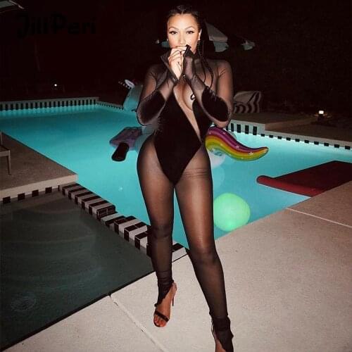JillPeri Black Mesh Velour Patchwork Long Sleeve See Through Rompers Sexy Club Outfits Fall Clothes One Piece Jumpsuit Women