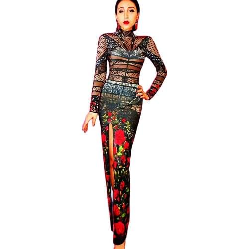 Red Rose Print Spandex Women Long Sleeve Dress Skinny Stretch High Slit Dress Nightclub Costumes Dance DS Show Stage Wear