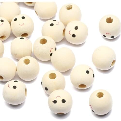 10pcs Natural Wooden Smiley Face Beads Round Loose Large Hole Beads For Jewelry Making Diy Bracelet Kids Toy Accessories