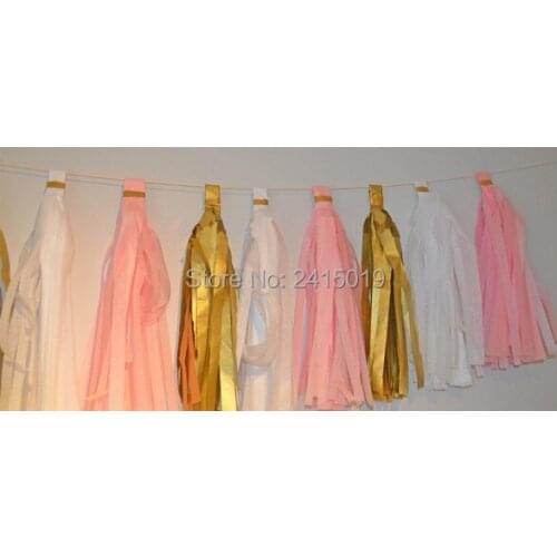 Free ship 30x 14 " 35cm ivory pink gold tissue paper tassel garland wedding party wall hanging decorative banner bunting pom pom
