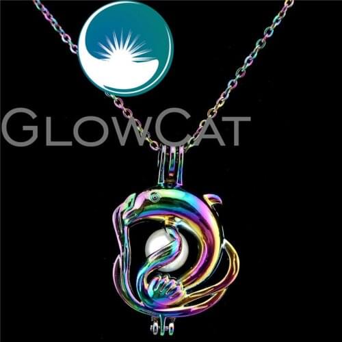 C311 Rainbow Color Jump Dolphin Beads Cage Essential Oil Diffuser Aroma Pearl Cage Locket Necklace Kids Unisex Gift