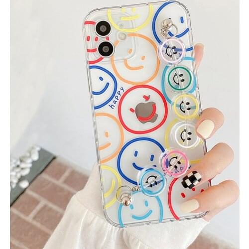 Funny Smile Face Wrist Chian Strap Phone Case For iPhone 12 11 Pro Max Mini 7 8 Plus X XR XS Cute Clear Bracelet Soft TPU Cover