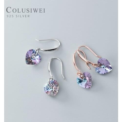 Colusiwei 100% 925 Sterling Silver Colorful Heart Dazzling Rainbow Crystal Drop Earrings for Women Sterling Silver Jewelry Gift