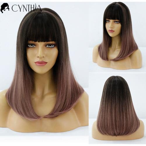 Long Straight Brown To Pink Ombre Daily Synthetic Wig For Black White Women Heat Resistant Fiber Hair With Bangs Cosplay Wigs