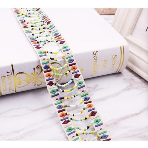 Ethnic embroidery webbing woven tape glass bead fringe lace trim ribbon tribal boho DIY zakka accessory native gypsy africa deco