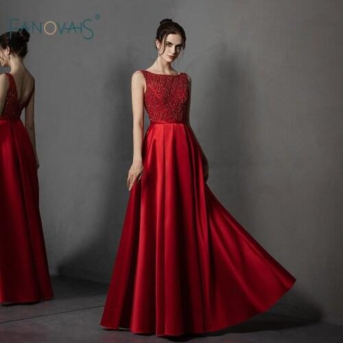 Red Evening Dress Long Scoop A-Line Sleeves Luxury Beaded Top Satin Prom Dress 2019 Formal Party Gown Vestido de Fiesta NE83