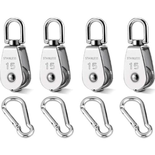M15 Crane Pulley Block Swivel Hook Single Pulley Block Hanging Wire Towing Wheel 304 Stainless Steel with Carabiner