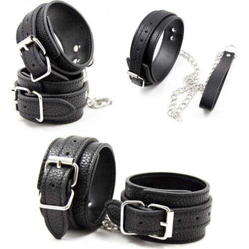 BDSM Bondage Kit,PU Leather Hands Cuffs & Ankle Cuffs & Neck Collar Set SM Role Play Accessories