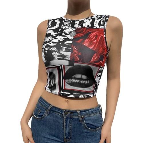 Summer Womens Causal Round Neck Vest Fashion Abstract Lips Printing Exposed Navel Sleeveless Camisole