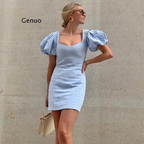 Sexy Puff Sleeve Mini Dress Women Summer Short Sleeve Square Collar Casual Dress Female Solid Blue Vestidos Women Basic