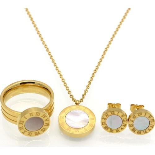 Fashion Jewelry Stainless Steel Gold Colour Pearl Shell Wedding Women Brand Roman Letter Jewelry Sets Necklace Earrings Ring