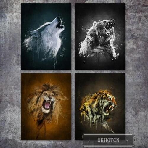 Wild and Yelling Animals Canvas Painting Nordic Wolf Bear Lion Tiger Posters and Prints Wall Art Modular Picture for Living Room