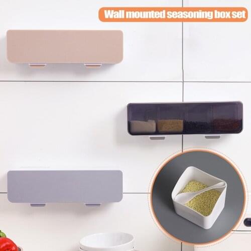 Hot Wall Mount Seasoning Box With Cover and Spoon Punch Free Bottles Kit Kitchen Salt Seasoning Jar Herb Spice Tools Gadgets Re