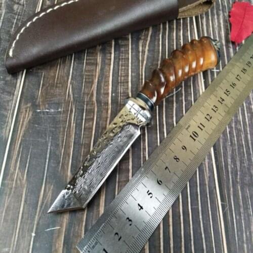 Fixed blade Hunting Knife Handmade forged Damascus Steel camping knifeblade 58HRC leather handle survival Tactical tool