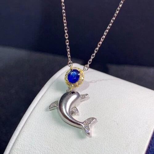 Elegant cute dolphin Natural blue sapphire gem Necklace natural gemstone Pendant Necklace S925 silver girl party gift Jewelry
