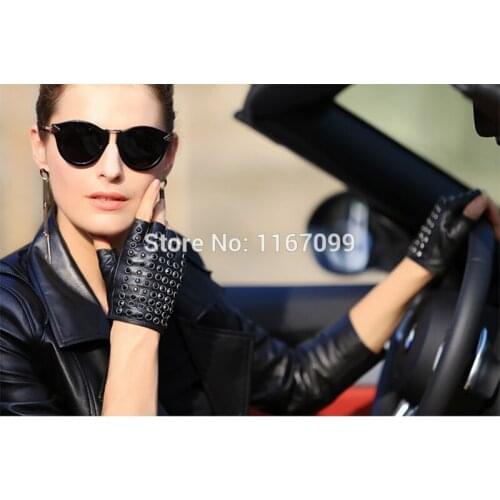 Top Grade Short Semi-finger Genuine Leather Punk Glove With Diamond Gothic Cycling Gloves 1 Pair/Lots